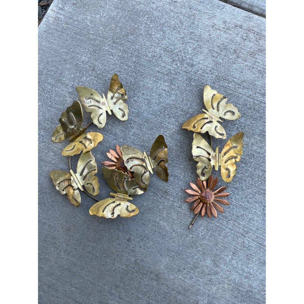 Vintage Brutalist Brass Copper Butterfly Flower Wall Art Set Mid Century Modern